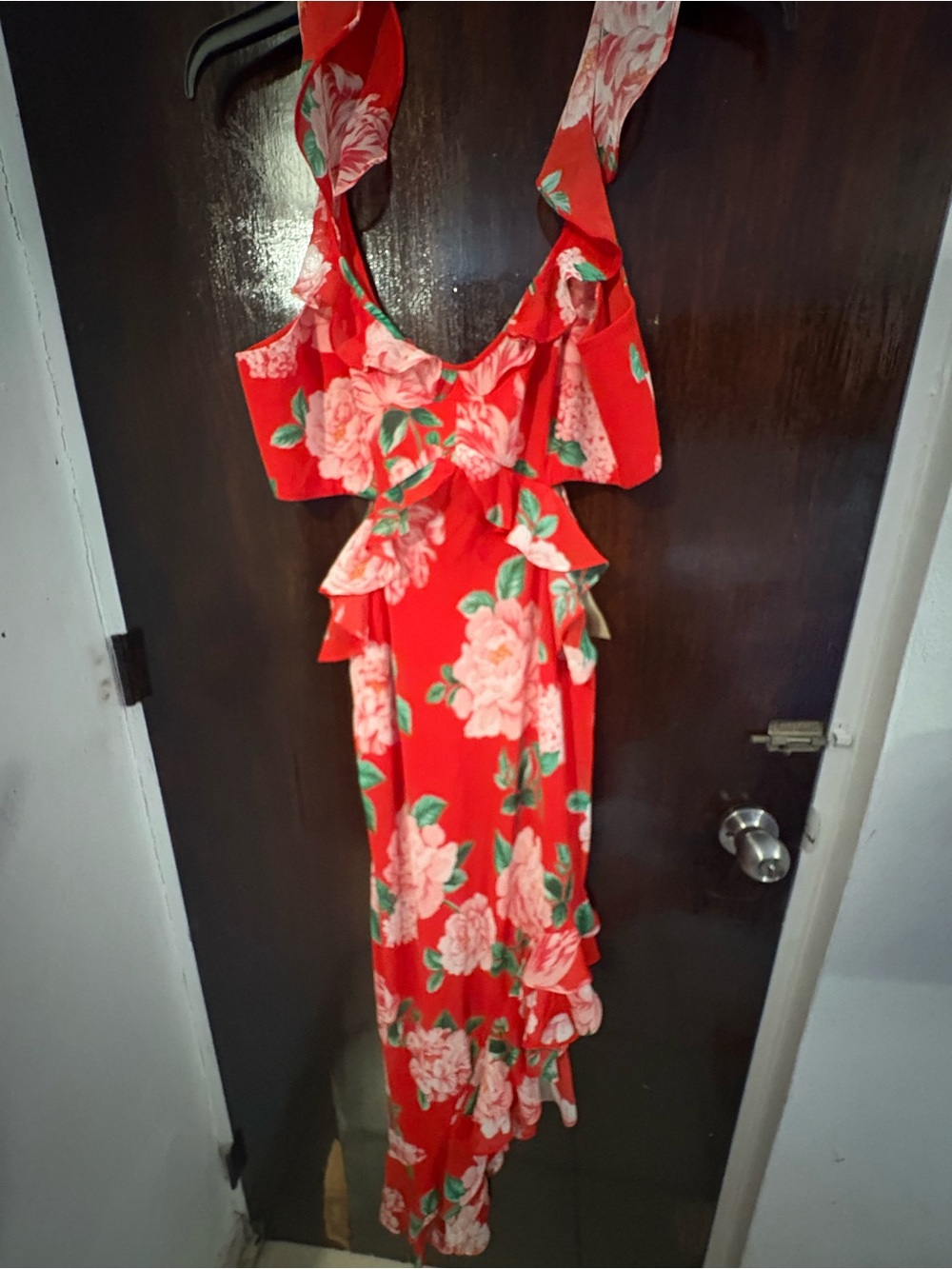 Ever New Red Floral High-Low Ruffle Maxi Dress. Size Large.